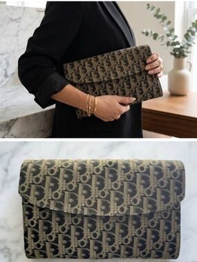 Authentic Christian Dior Vintage Oblique Trotter Monogram Canvas Clutch Pouch